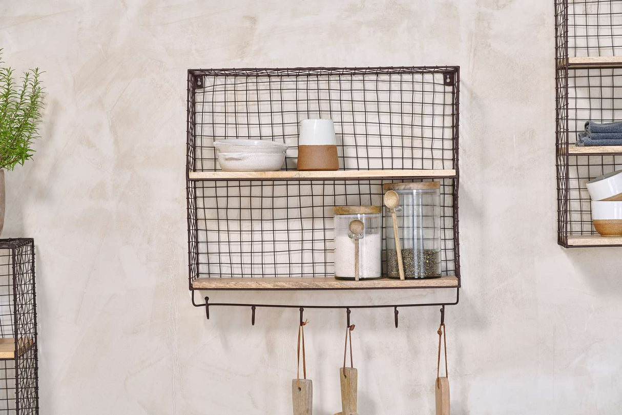 Nkuku Tamba Shelf with Hooks Rust & Mango Wood