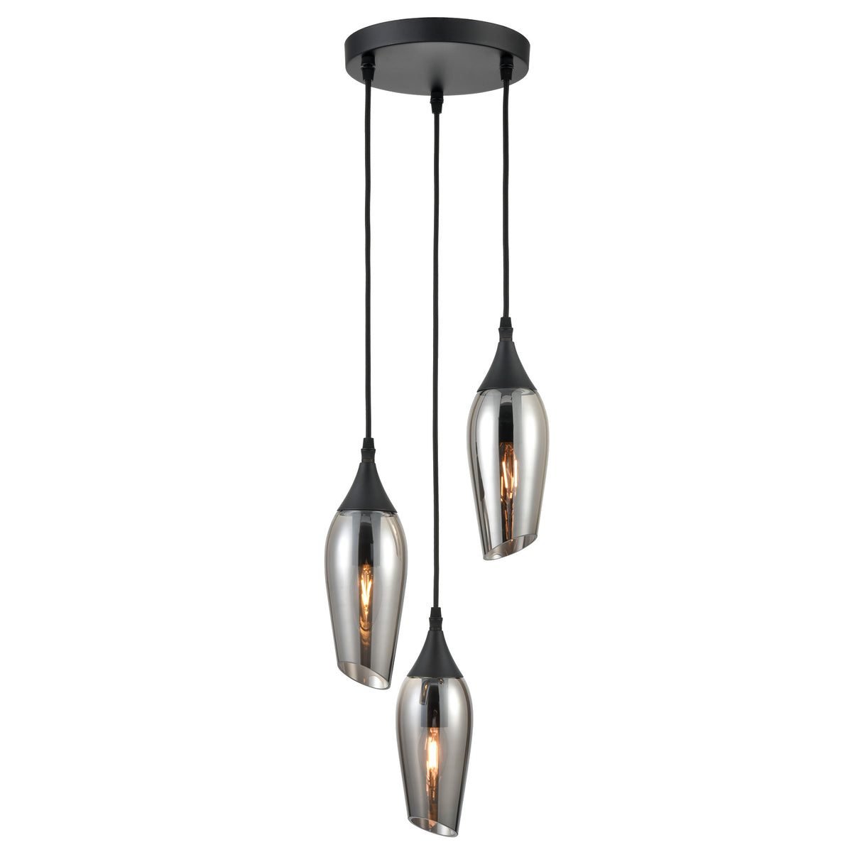 Modern pendant light fixture with three black cords and tapered reflective glass shades