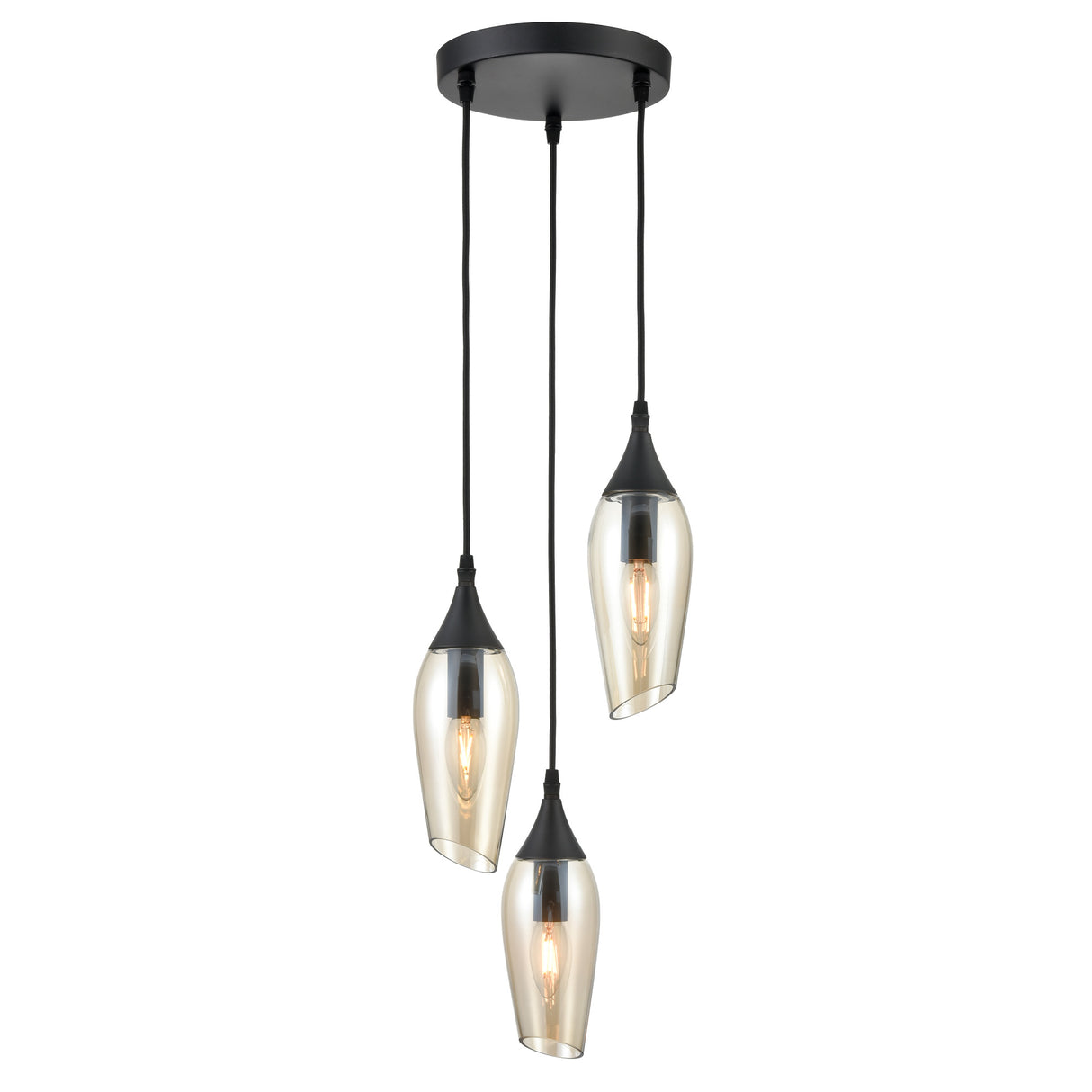 Modern three-light pendant chandelier with black fittings and curved amber glass shades