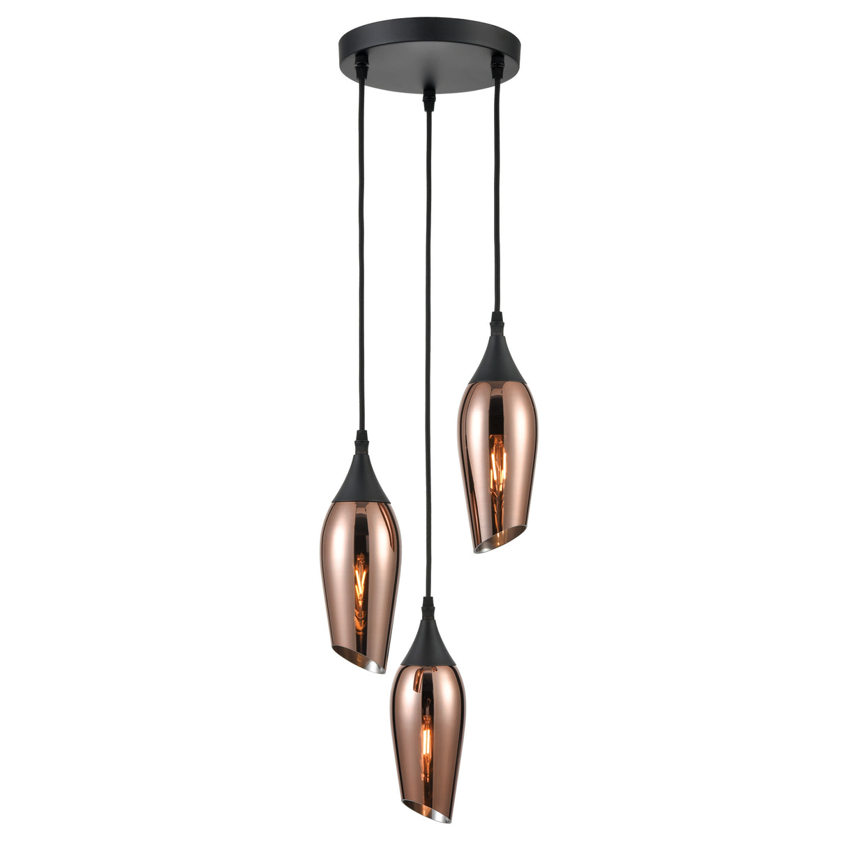 Modern three-pendant cluster light fixture with tapered copper metallic shades and black cords
