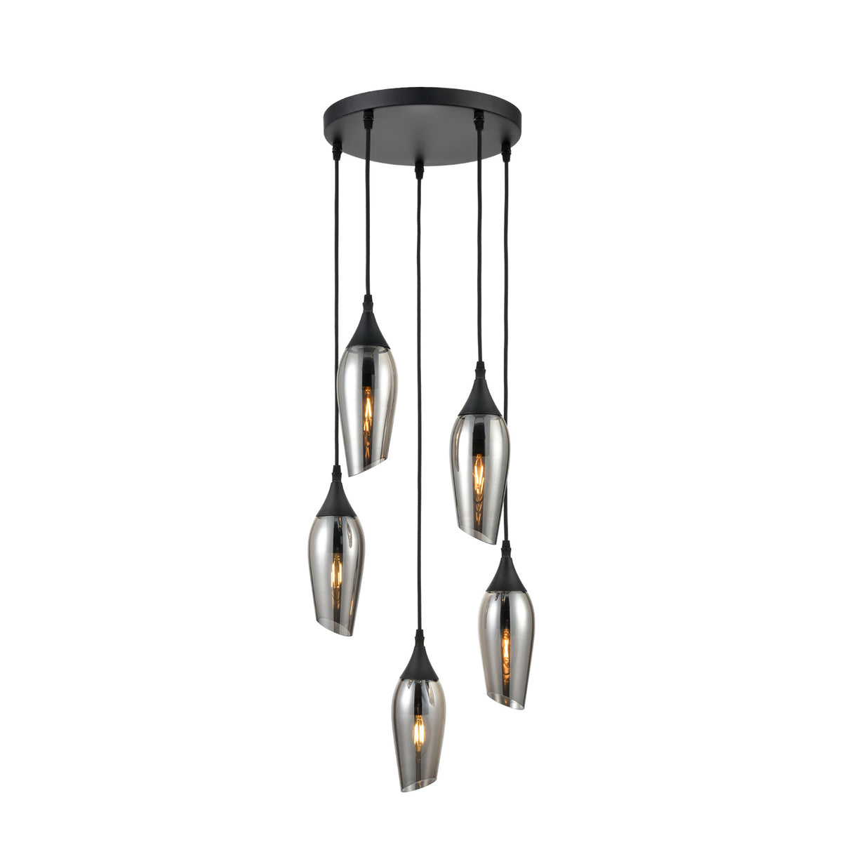 Modern black metal ceiling pendant light with five asymmetrical smoky glass shades