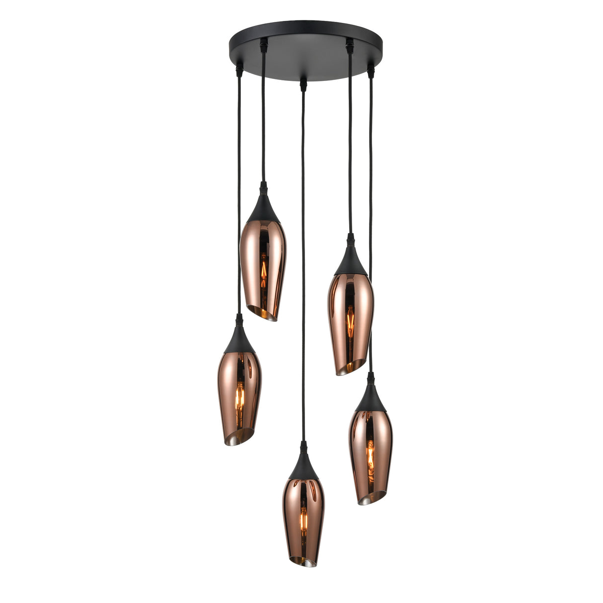 Modern pendant chandelier with five copper teardrop shades and black ceiling mount