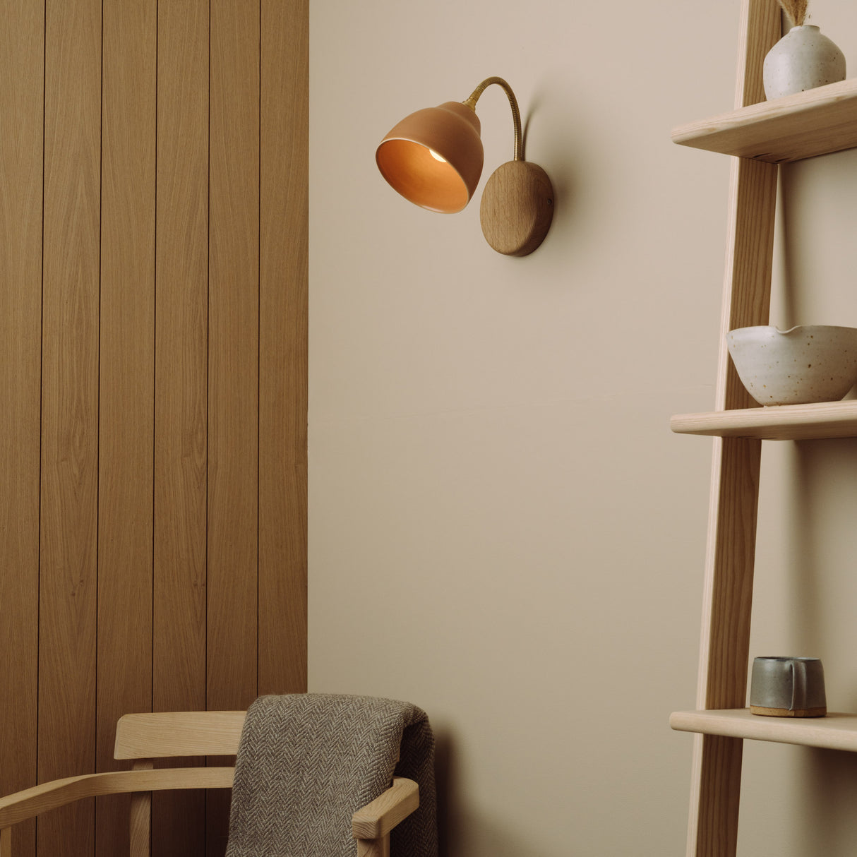 Studio Haran Flex Wall Light in Brass/Nickel, Ceramic and Oak