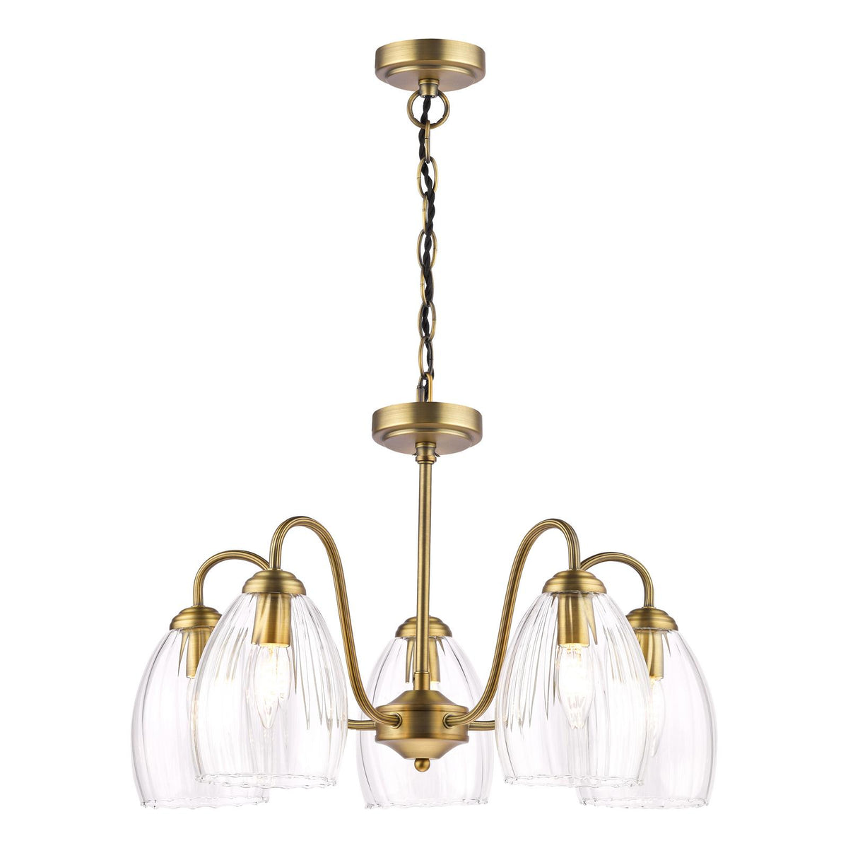 Dar Valora 5 Light Pendant Antique Bronze and Ribbed Glass