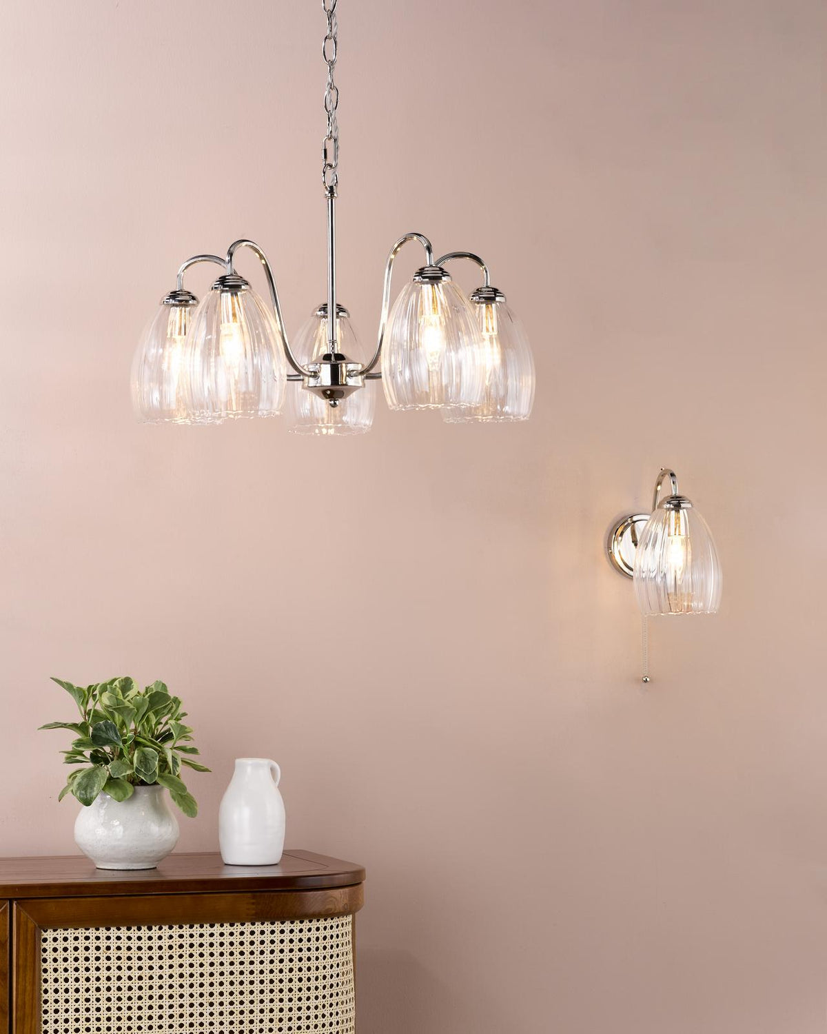 Dar Valora Wall Light Polished Nickel and Ribbed Glass