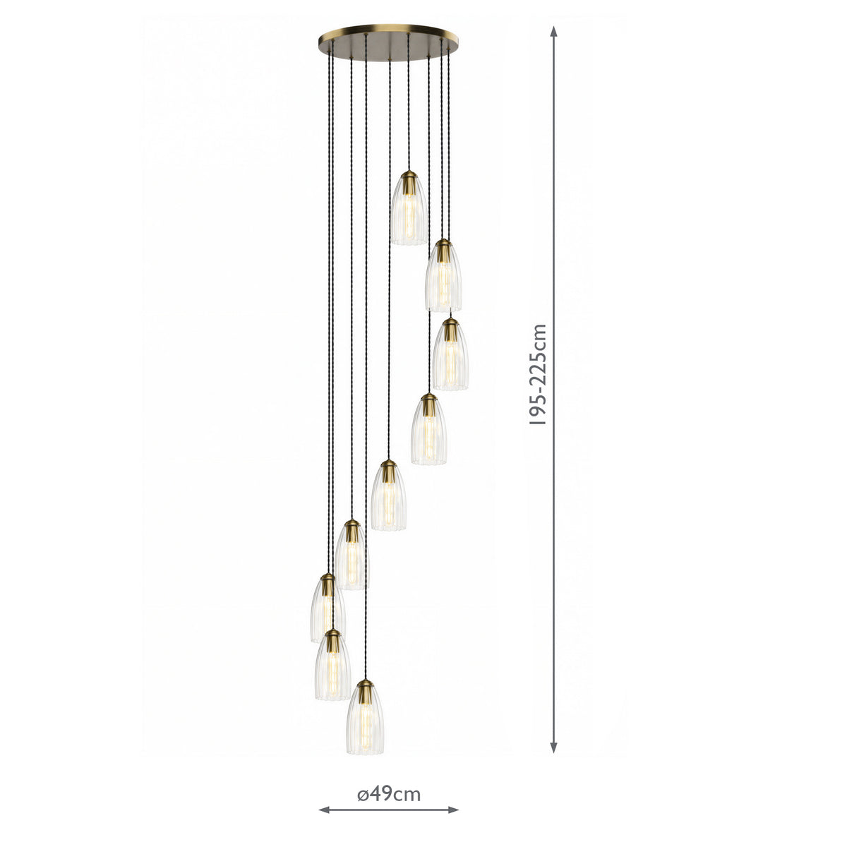 Dar Valora 9 Light Cluster Pendant Antique Bronze and Ribbed Glass