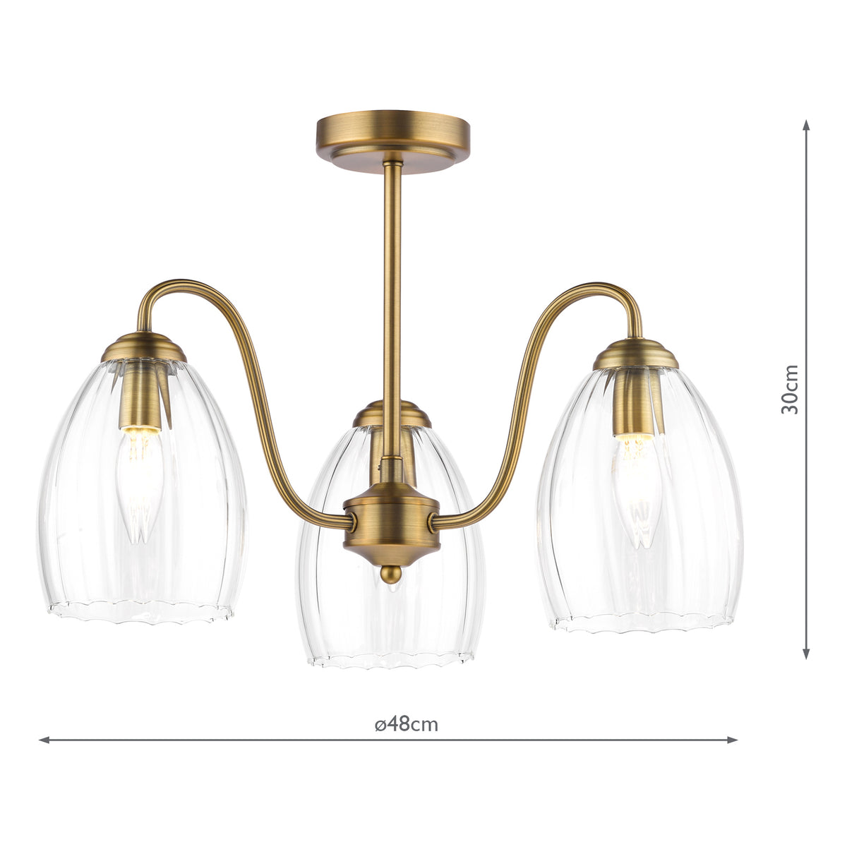 Dar Valora 3 Light Semi-Flush Antique Bronze and Ribbed Glass
