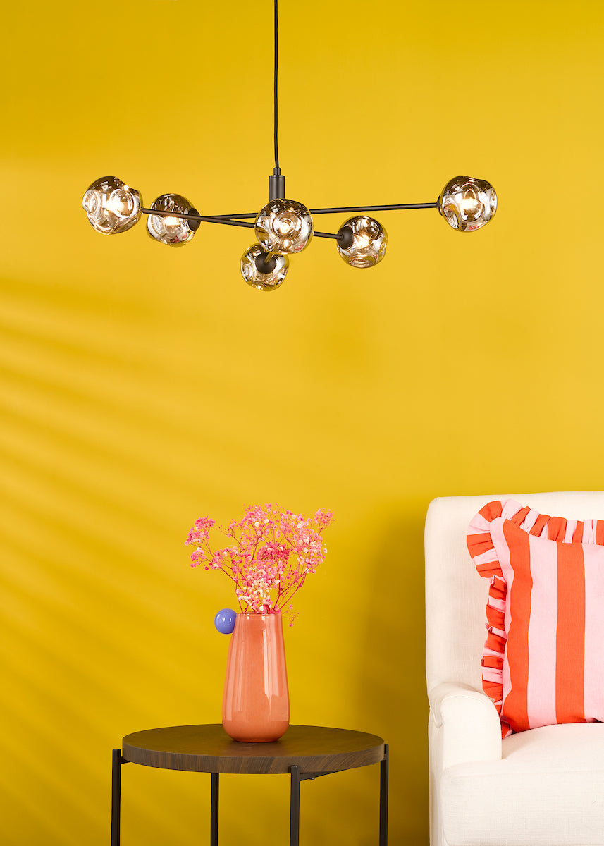 Dar Vignette 6 Light Pendant Matt Black With Closed Organic Smoked Glass