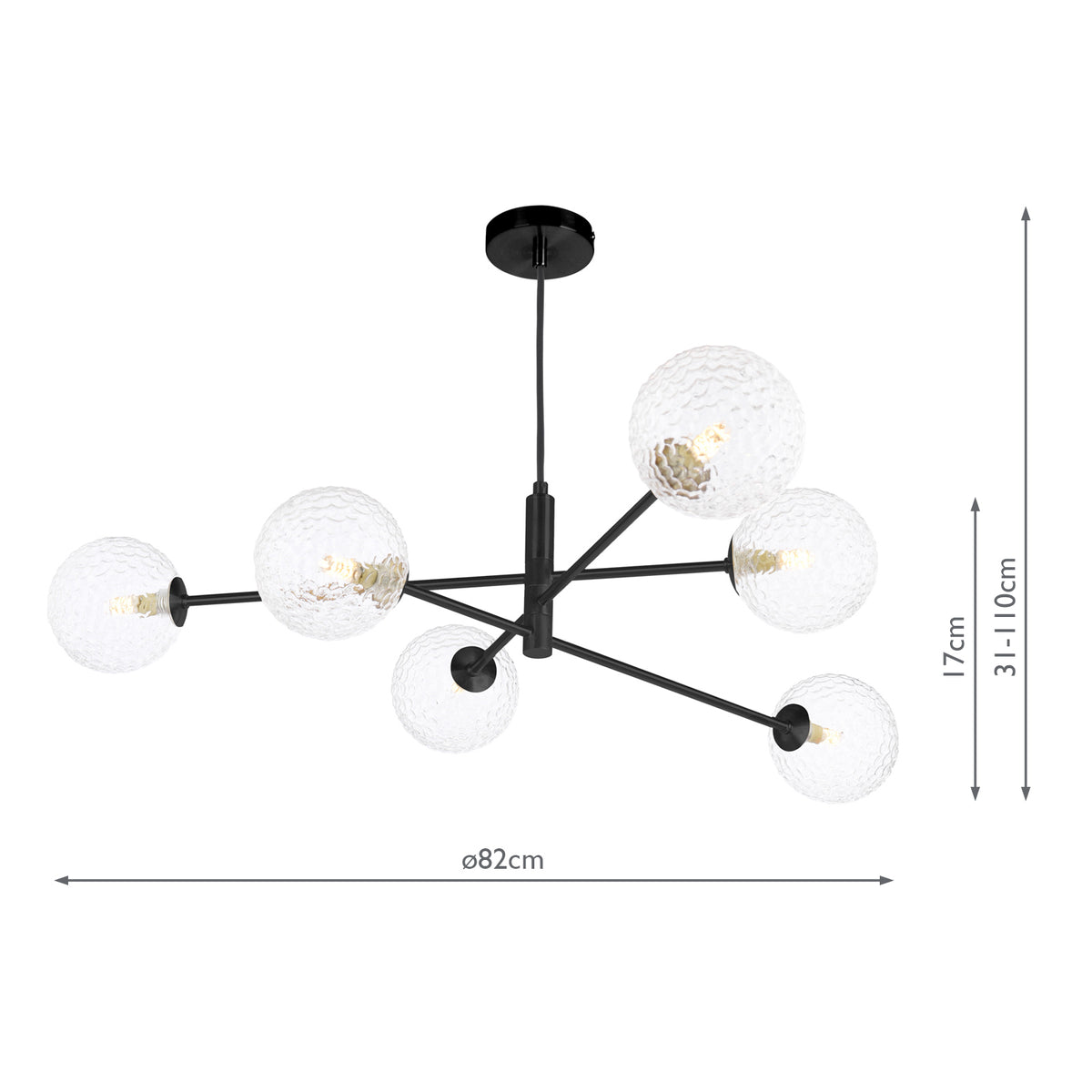 Dar Vignette 6 Light Pendant Matt Black and Textured Glass