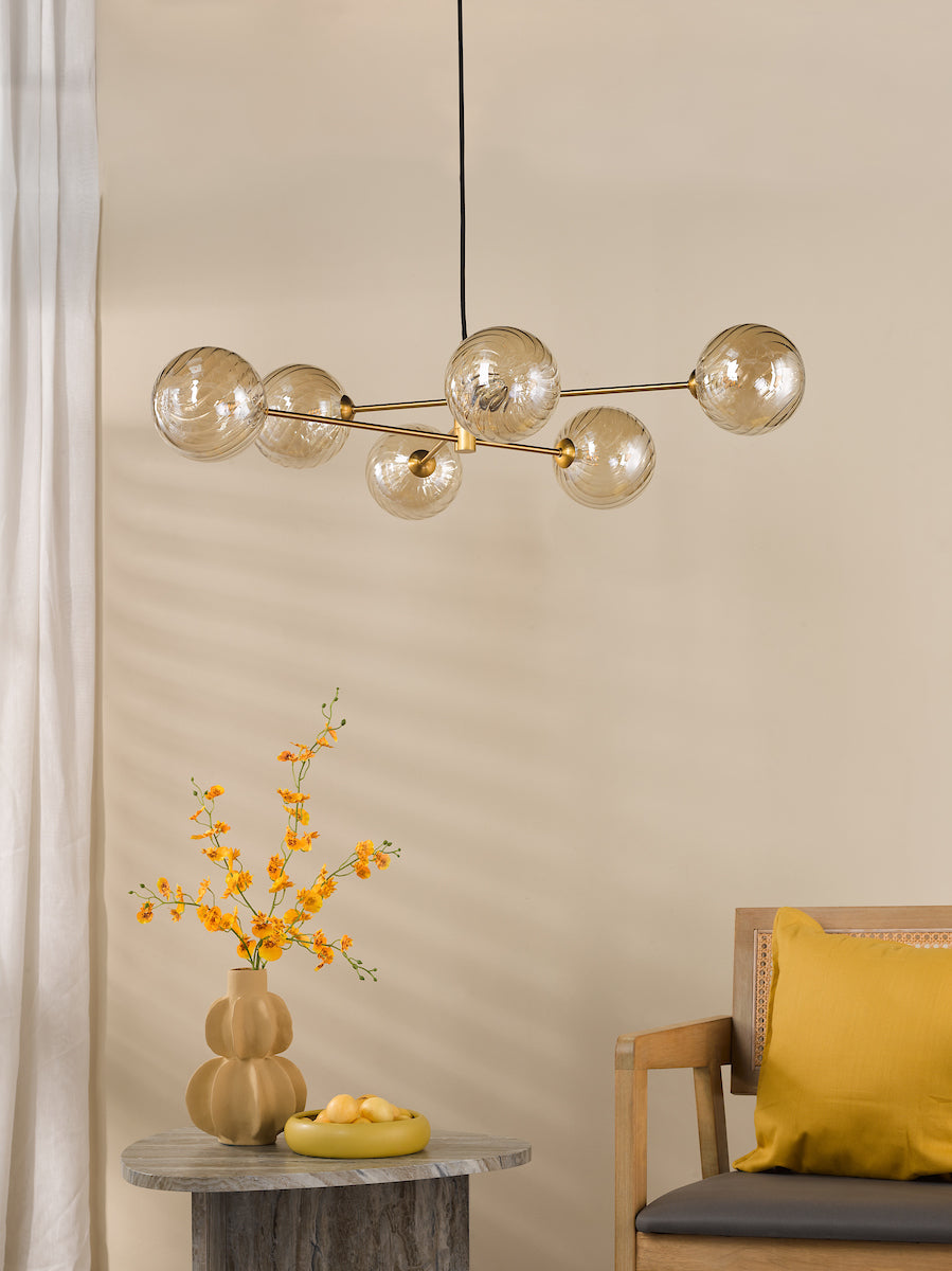 Dar Vignette 6 Light Pendant Aged Brass With Twisted Amber Glass