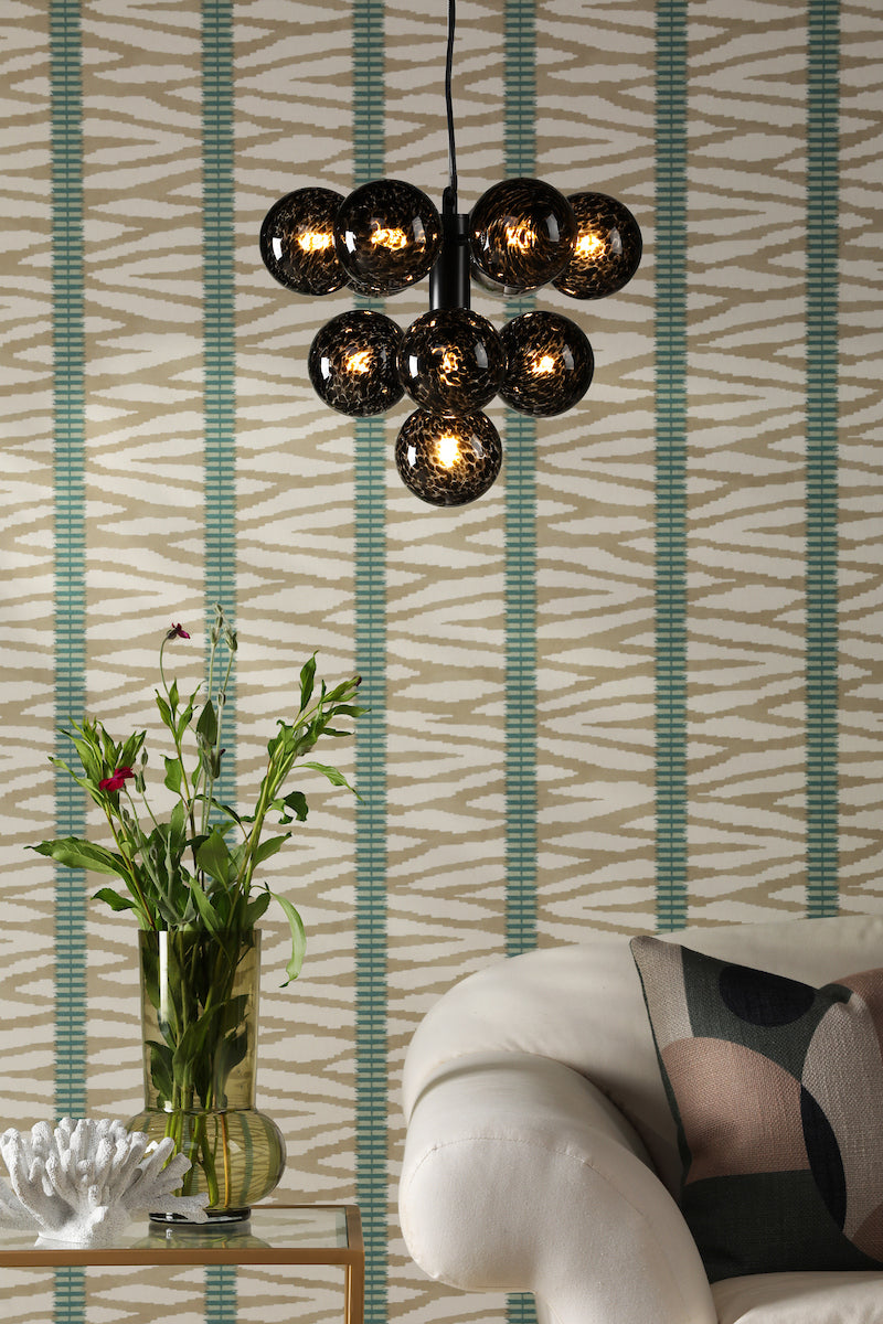 Dar Vine 10 Light Pendant Matt Black and Black Confetti Glass