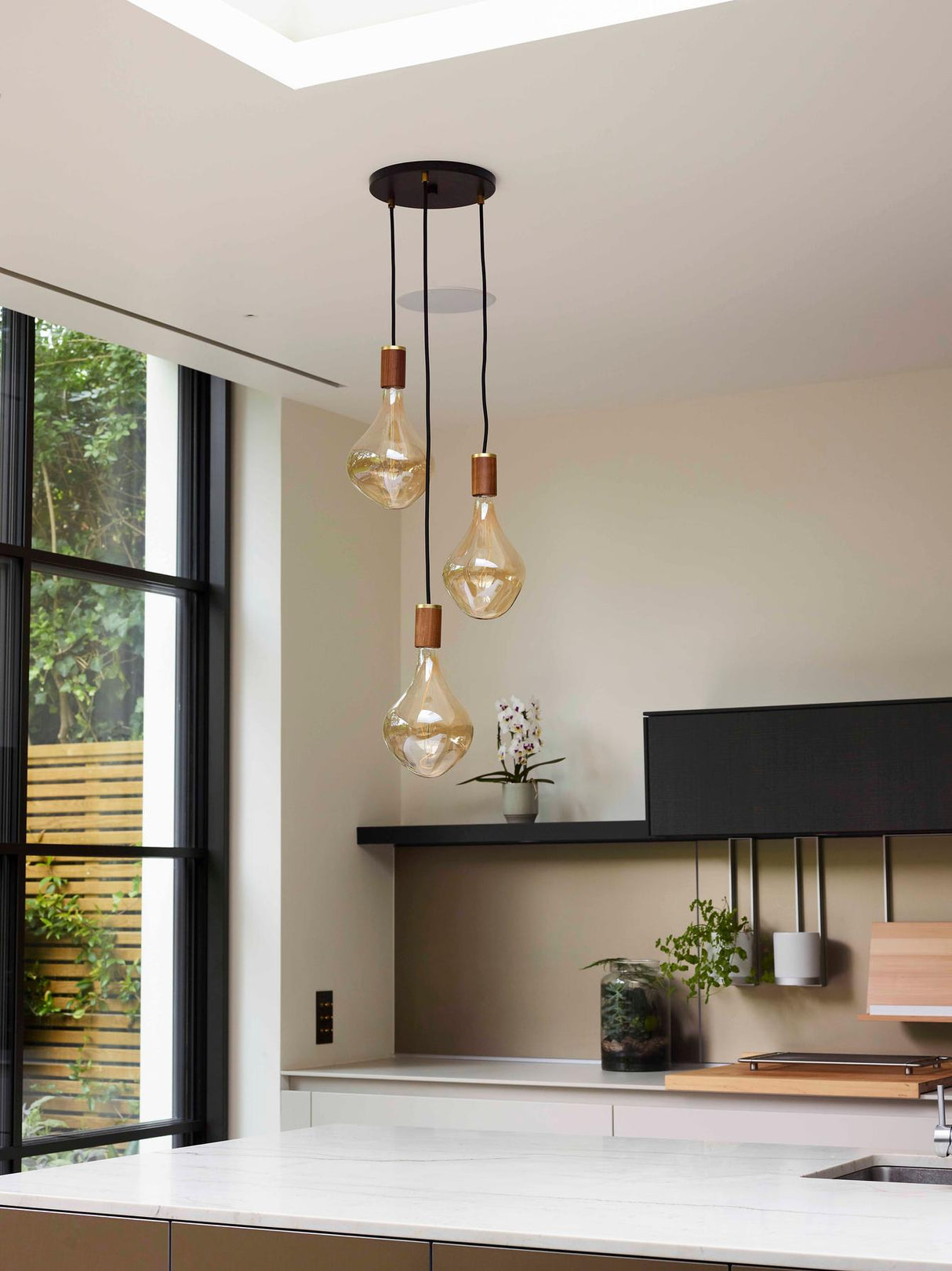 Tala Triple Pendant Walnut with Voronoi II, Black Canopy
