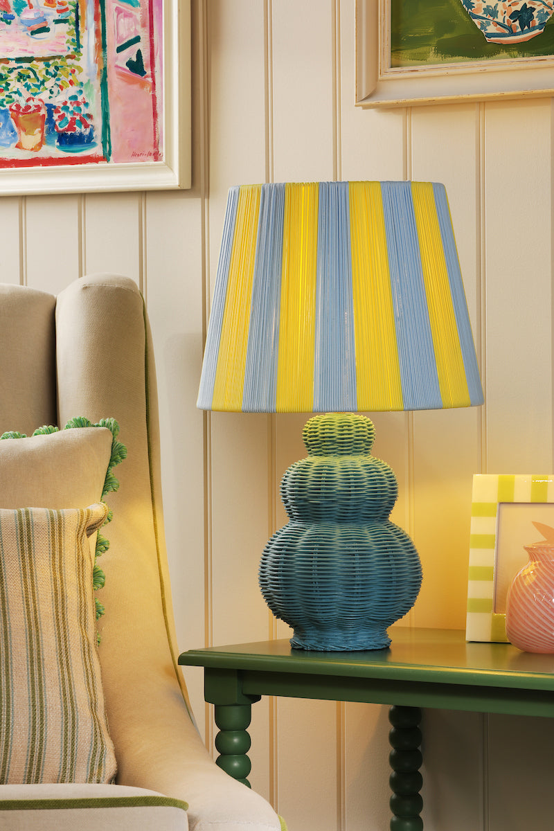 Joules Whitby Rattan Table Lamp Matt Blue With Yellow Blue Shade
