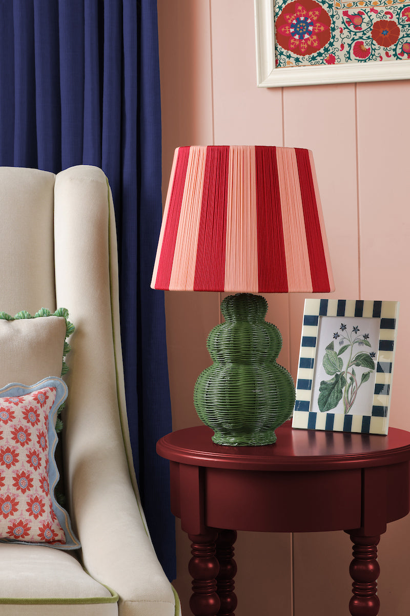 Joules Whitby Rattan Table Lamp Matt Green With Pink Shade