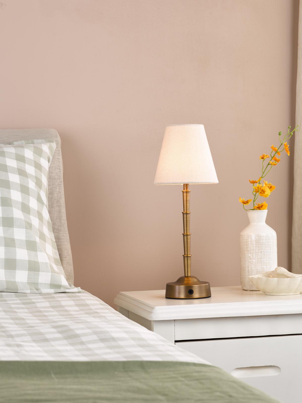 Dar Wyman Rechargeable Table Lamp Antique Bronze With Linen Shade LED