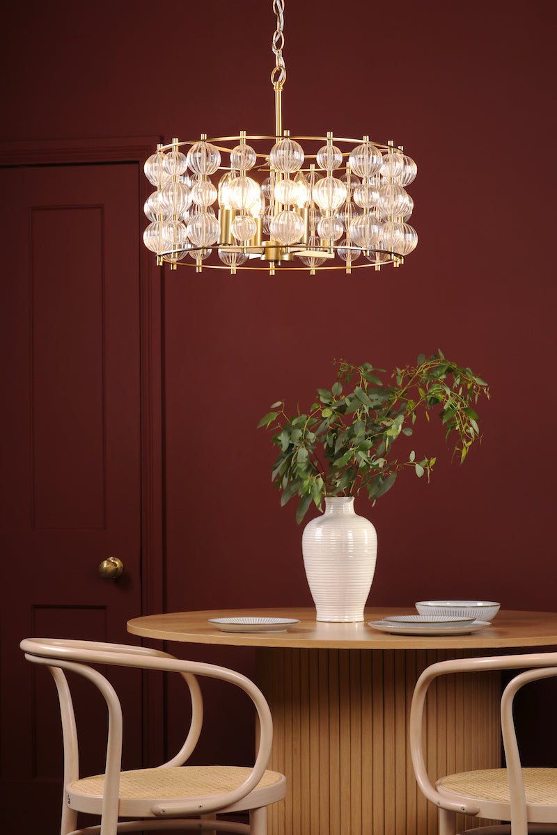 Dar Yuridia 4 Light Pendant Satin Gold and Ribbed Glass