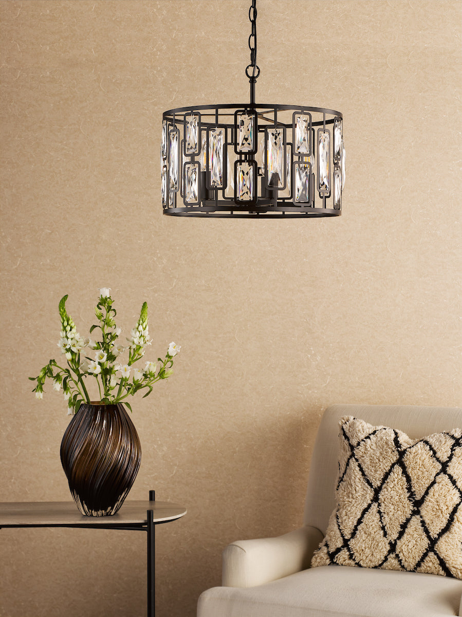 Dar Zoelle 5 Light Pendant Matt Black and Crystal