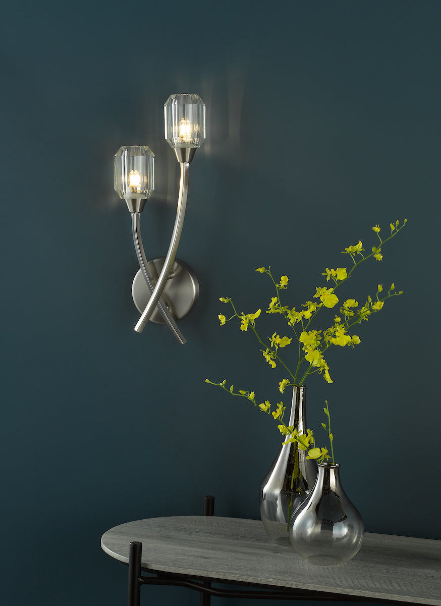 Dar Zonda 2 Light Wall Light Brushed Nickel and Crystal