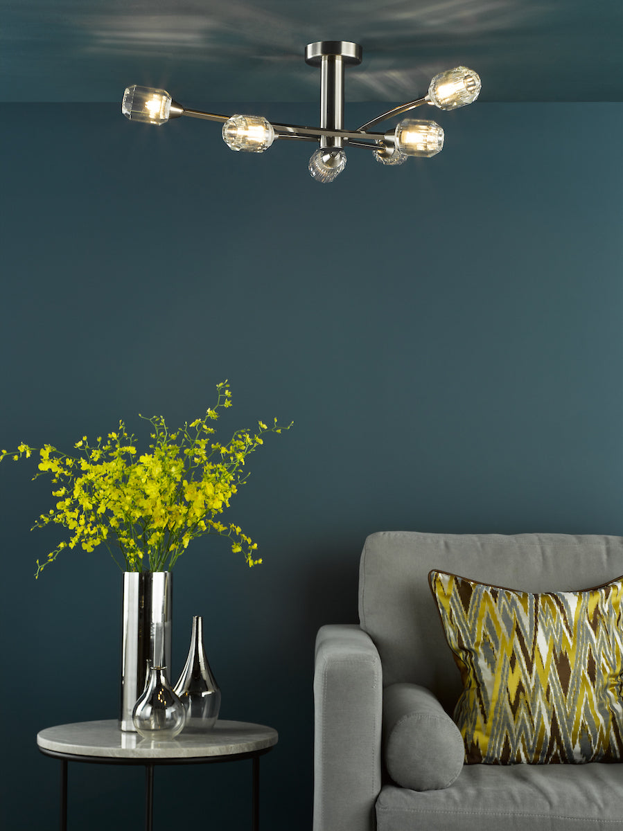 Dar Zonda 6 Light Semi-Flush Brushed Nickel and Crystal