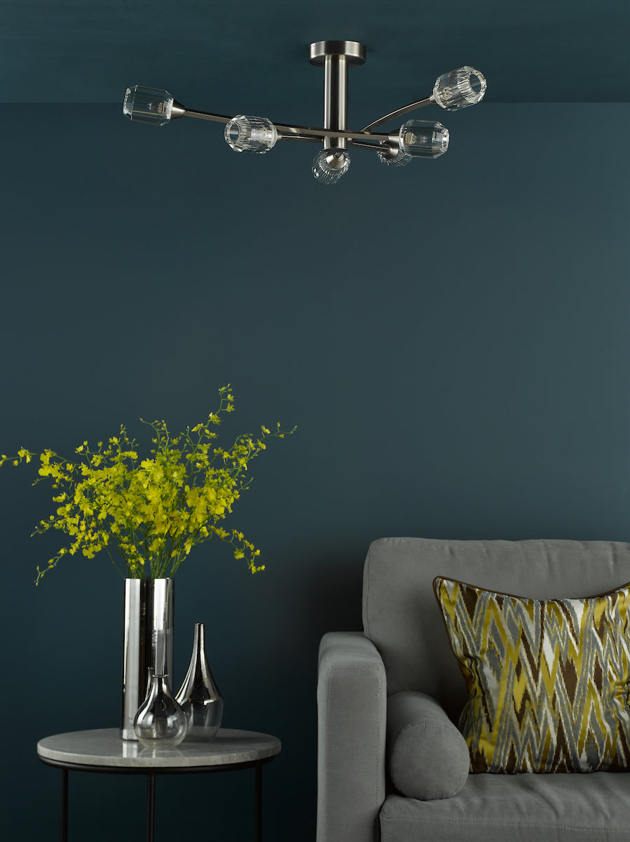 Dar Zonda 6 Light Semi-Flush Brushed Nickel and Crystal