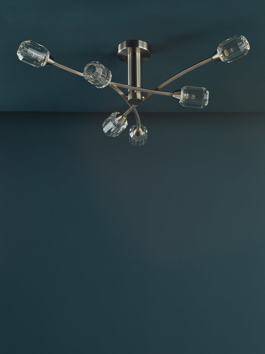 Dar Zonda 6 Light Semi-Flush Brushed Nickel and Crystal