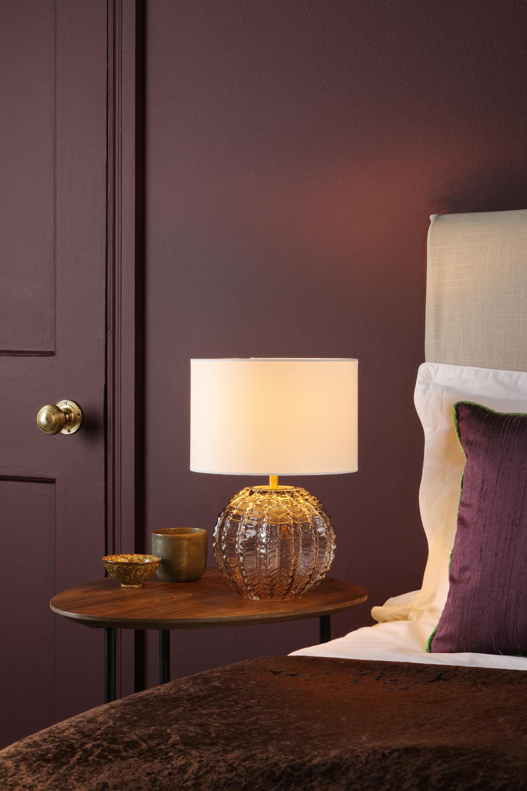 Dar Zorin Table Lamp Tea Glass and Antique Brass With Linen Shade