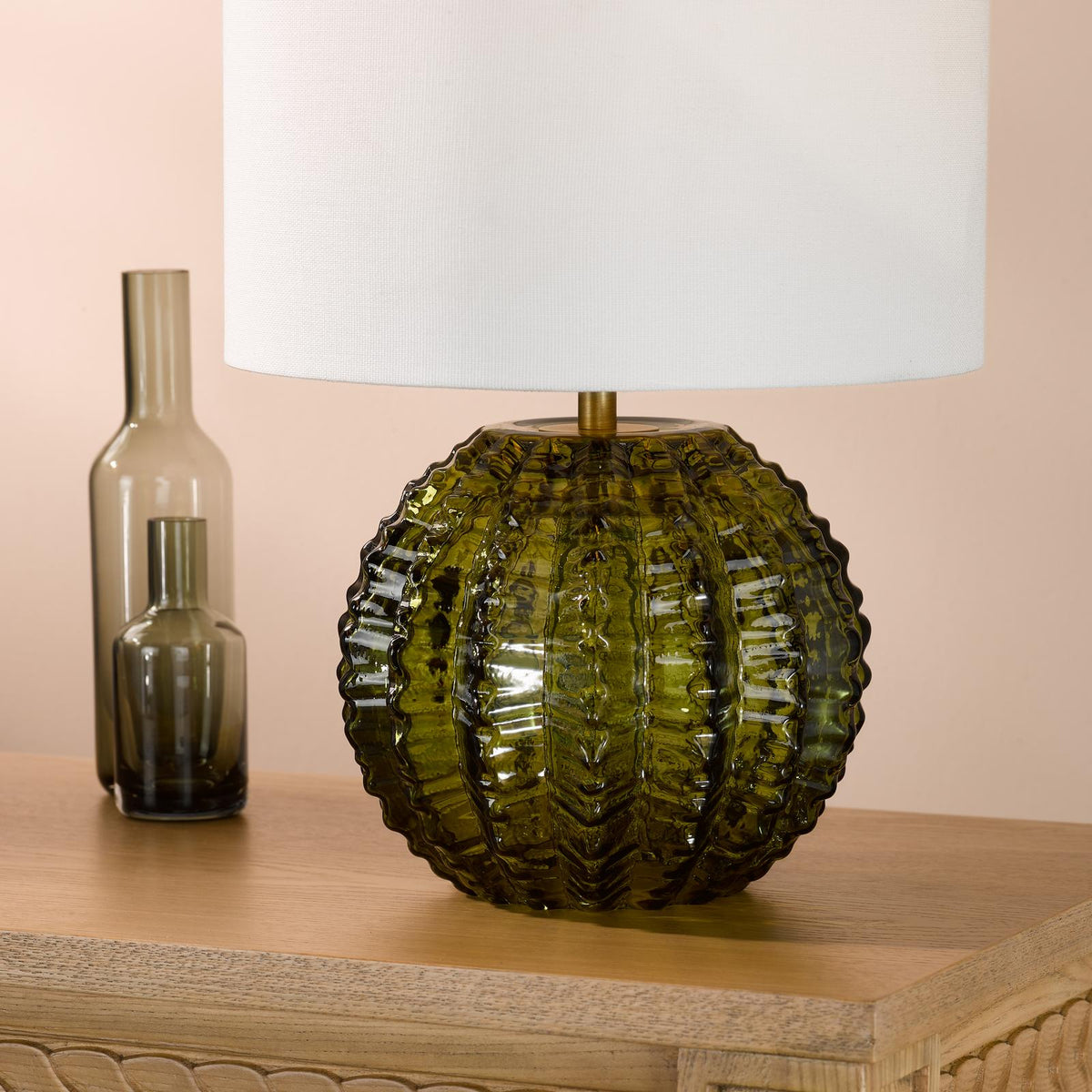 Dar Zorin Table Lamp Green Glass and Antique Brass With Linen Shade