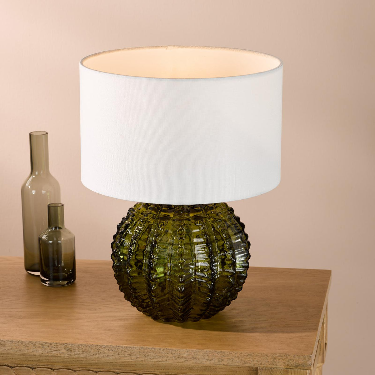 Dar Zorin Table Lamp Green Glass and Antique Brass With Linen Shade