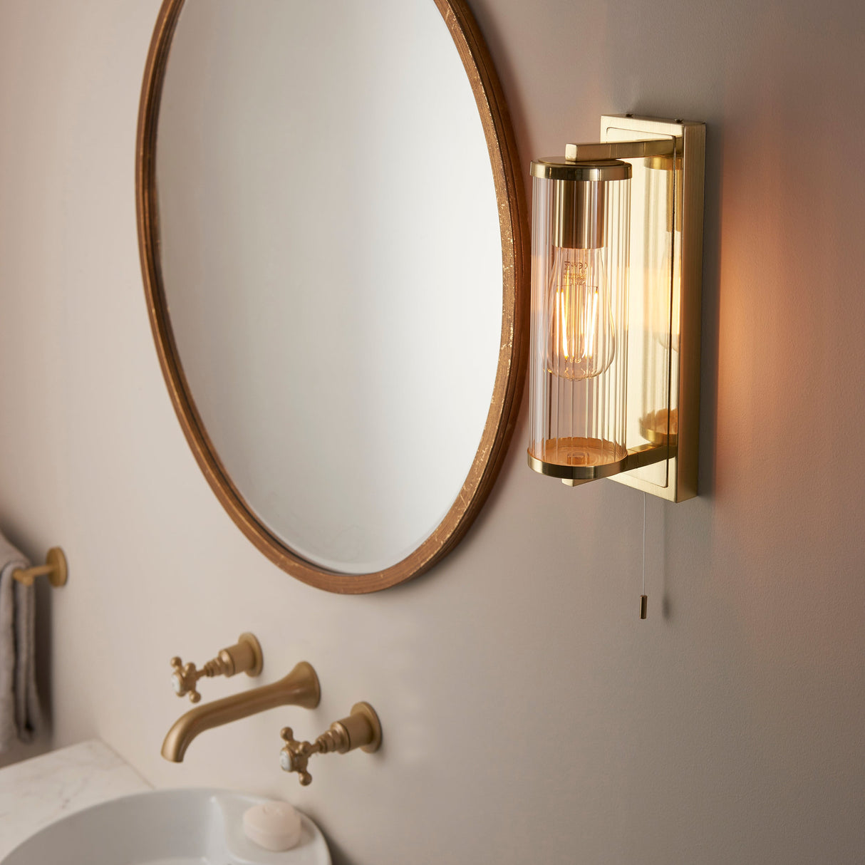 Amos Aeon Bathroom Wall Light Satin Brass – from Amos Lighting + Home