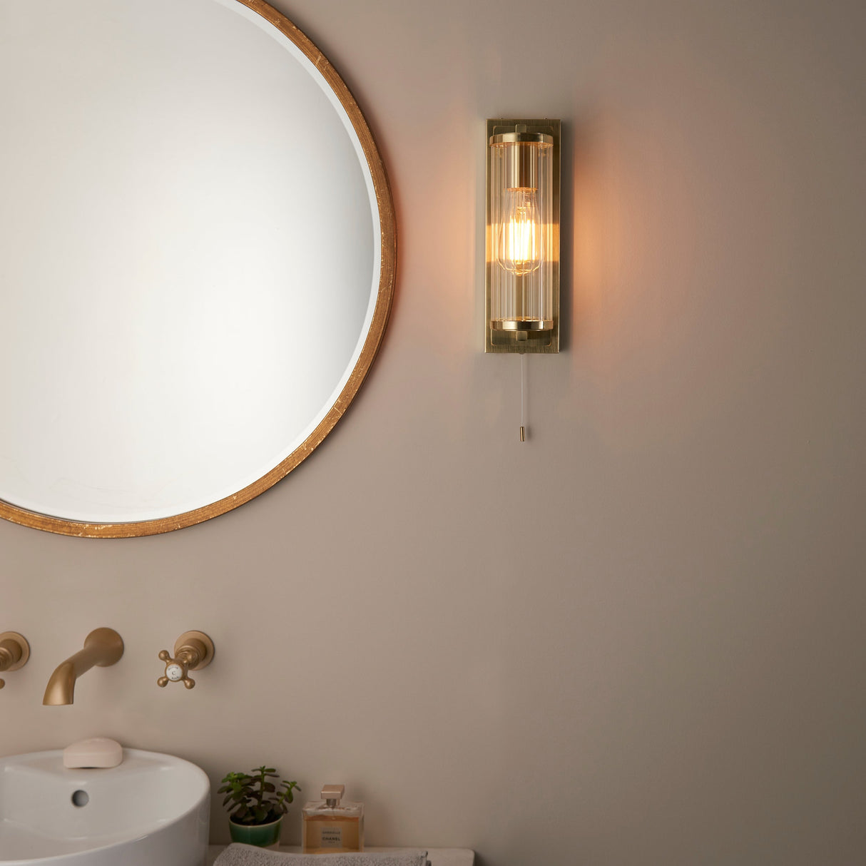 Amos Aeon Bathroom Wall Light Satin Brass – from Amos Lighting + Home