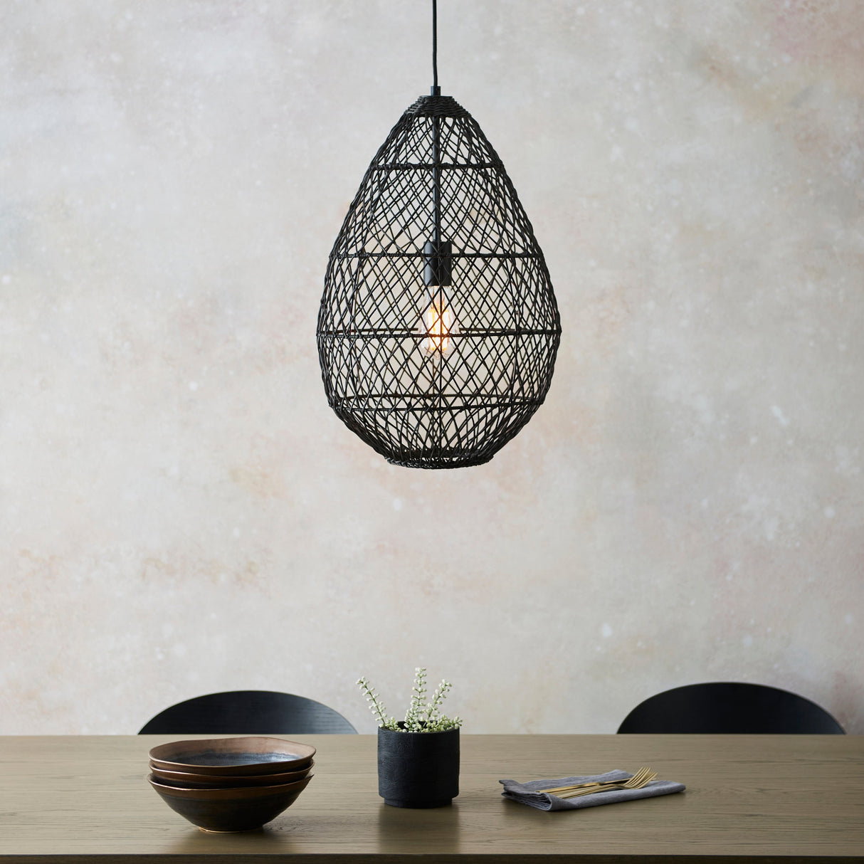 Amos Aviary Droplet Pendant Black Rattan – from Amos Lighting + Home