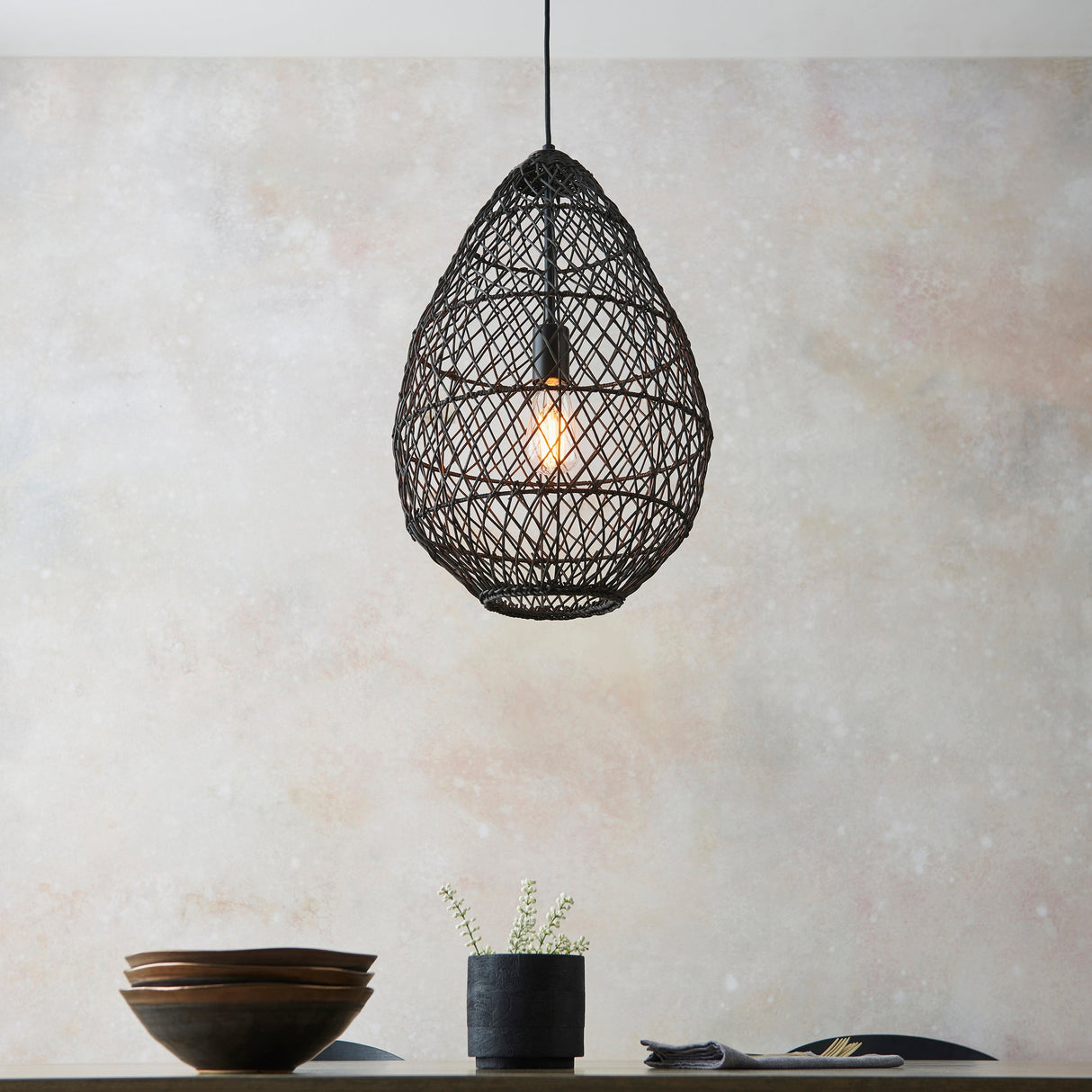 Amos Aviary Droplet Pendant Black Rattan – from Amos Lighting + Home