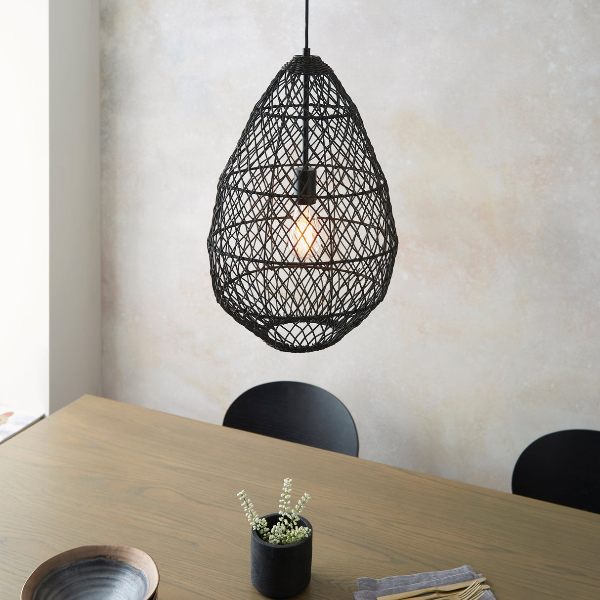 Amos Aviary Droplet Pendant Black Rattan – from Amos Lighting + Home