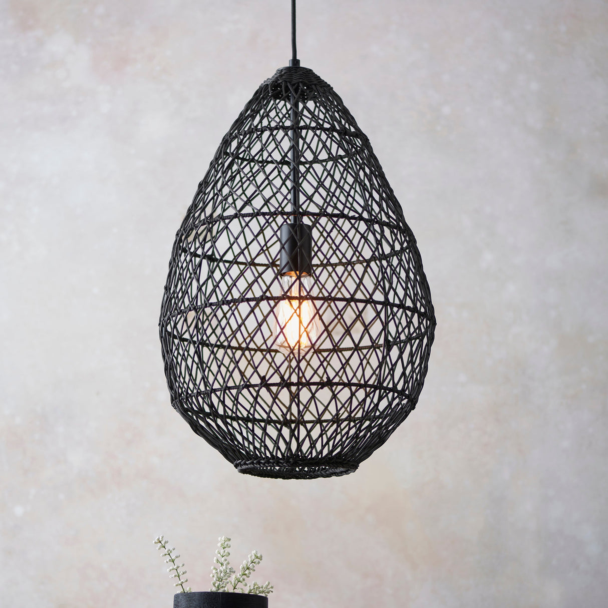 Amos Aviary Droplet Pendant Black Rattan – from Amos Lighting + Home