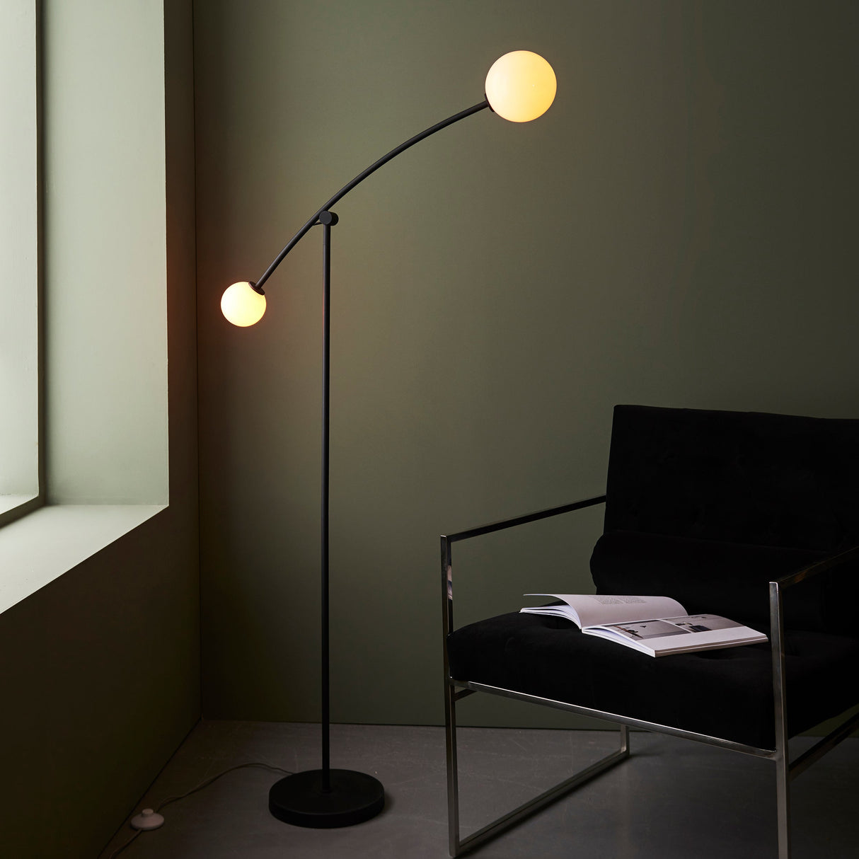 Amos Balance Floor Lamp Matt Black & Gloss Opal Glass – from Amos Lighting + Home