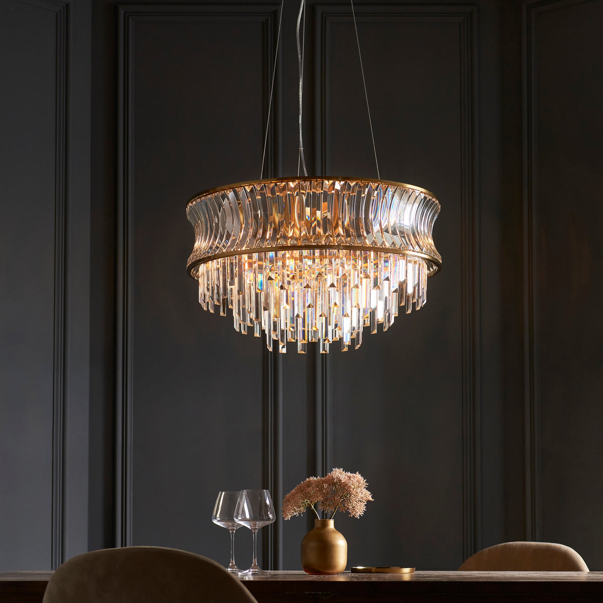 Amos Concave 9 Light Crystal Chandelier Warm Brass – from Amos Lighting + Home