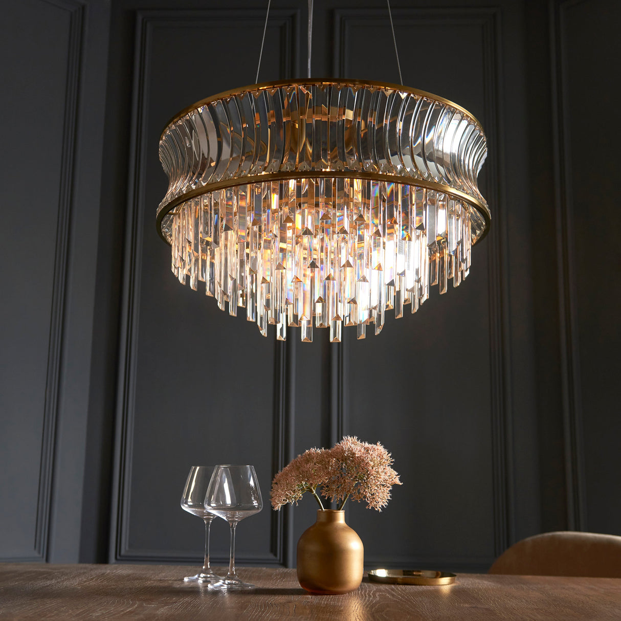 Amos Concave 9 Light Crystal Chandelier Warm Brass – from Amos Lighting + Home