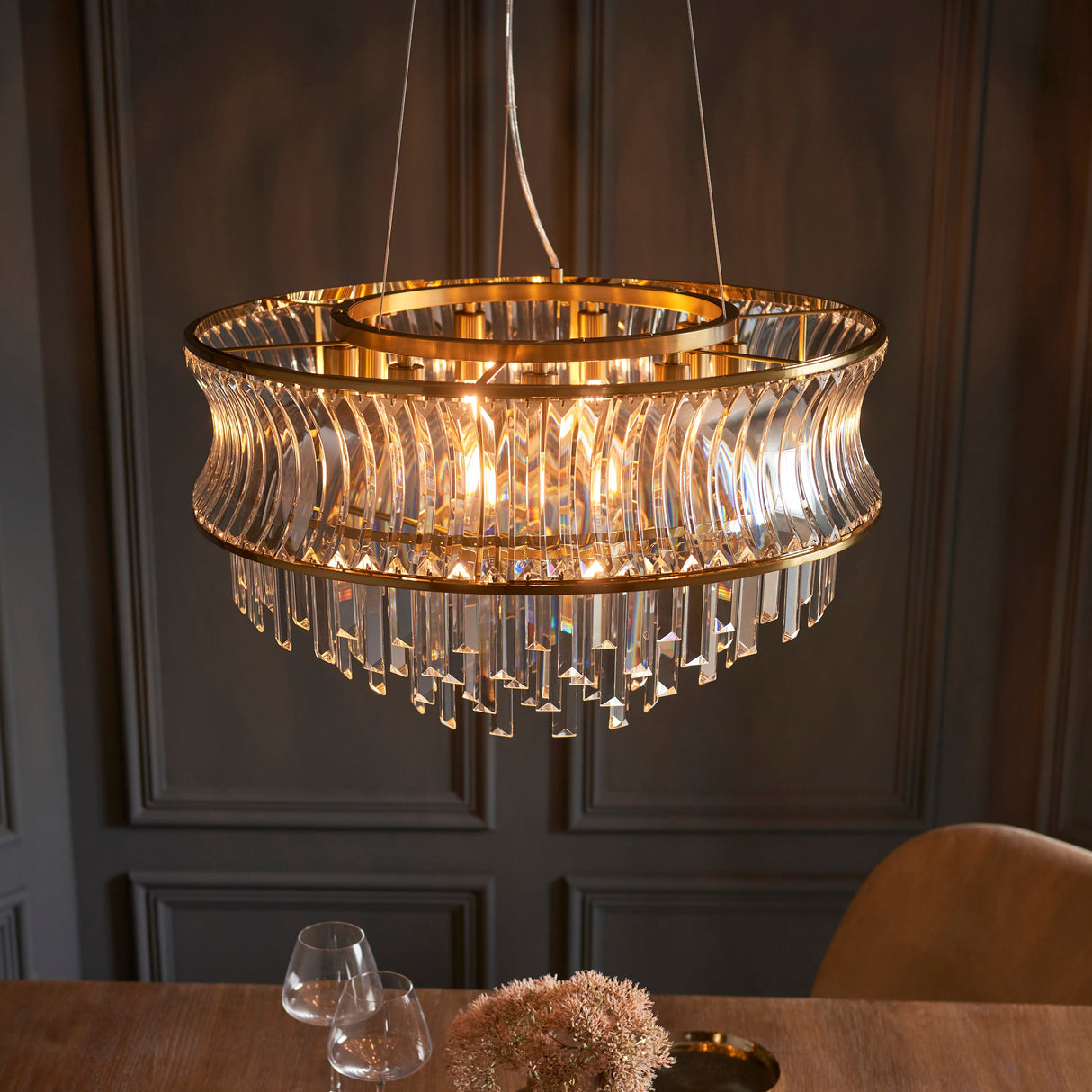 Amos Concave 9 Light Crystal Chandelier Warm Brass – from Amos Lighting + Home