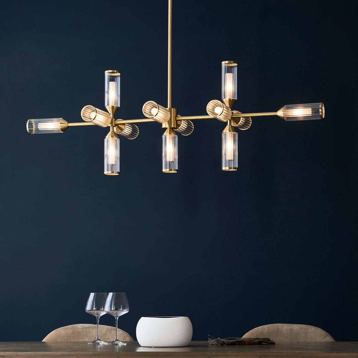 Amos Duchy 13 Light Chandelier Pendant Bar Satin Brass – from Amos Lighting + Home
