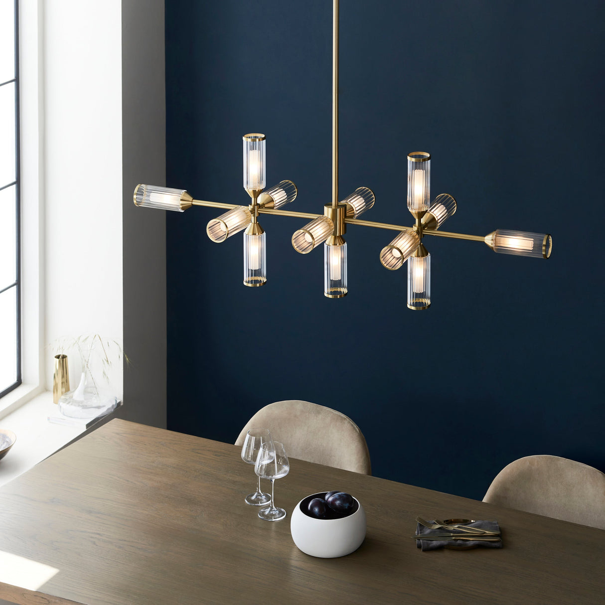 Amos Duchy 13 Light Chandelier Pendant Bar Satin Brass – from Amos Lighting + Home