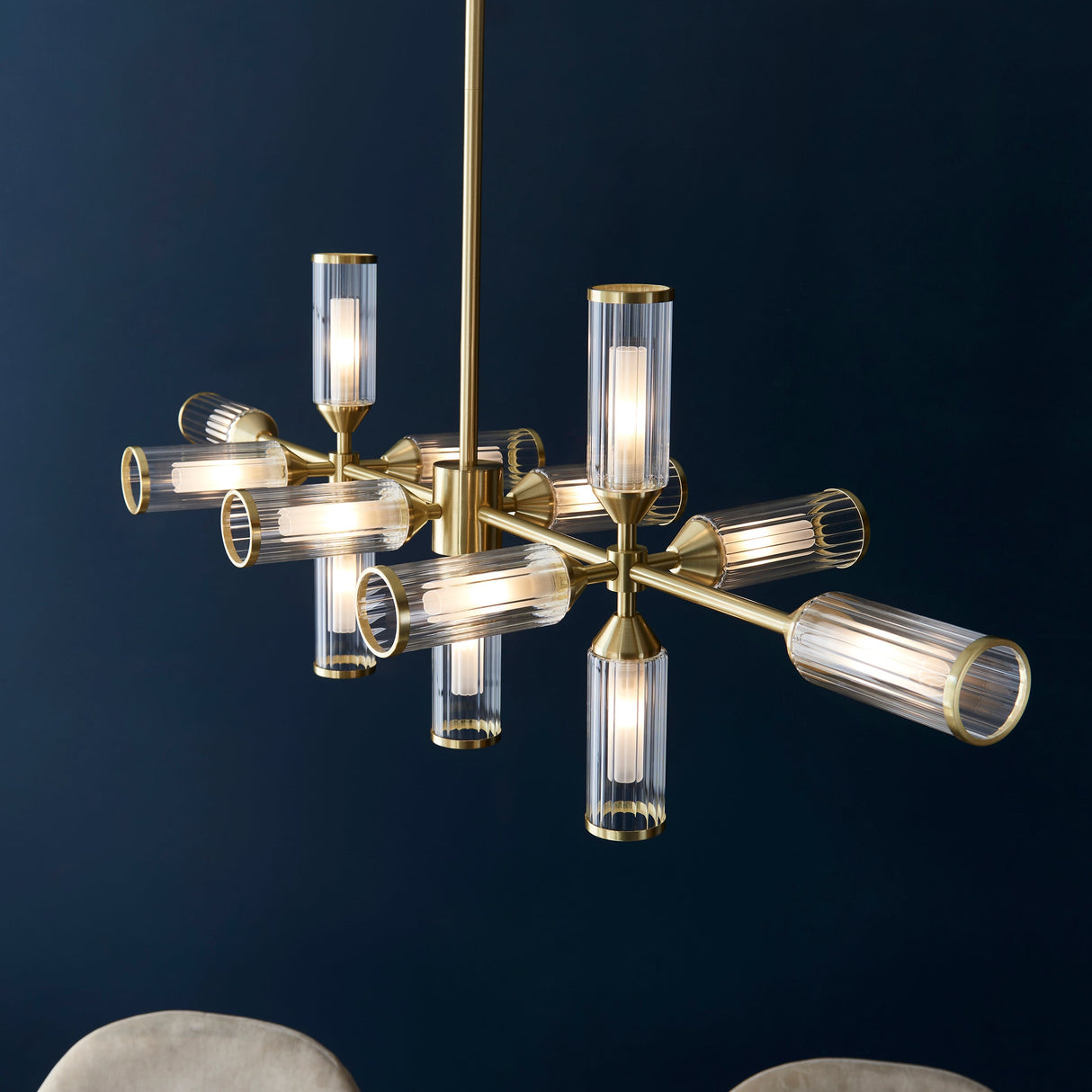 Amos Duchy 13 Light Chandelier Pendant Bar Satin Brass – from Amos Lighting + Home