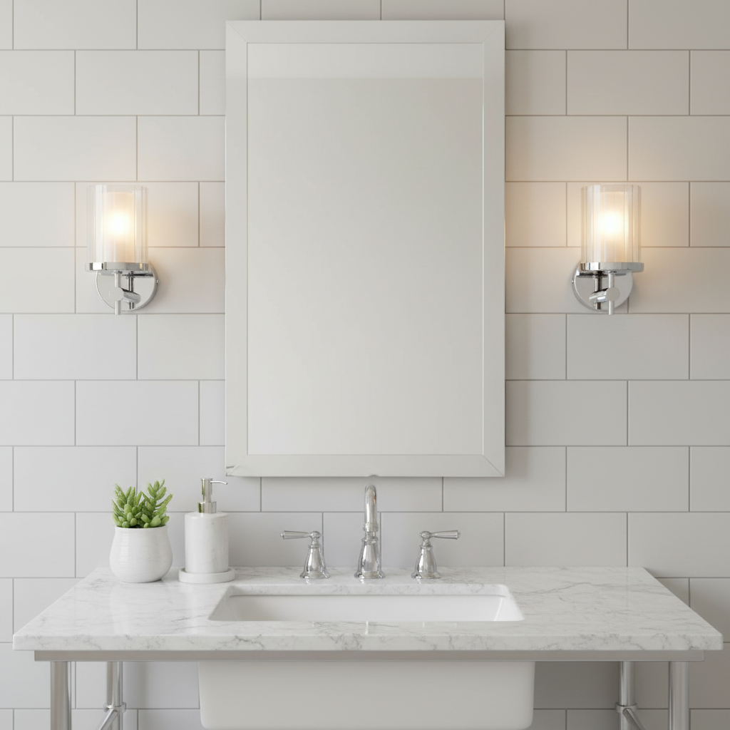 amos-lighting-Endon-Britton-Bathroom-Wall-Light-Chrome-White-Metro-Tiles-Rectangular-Mirror