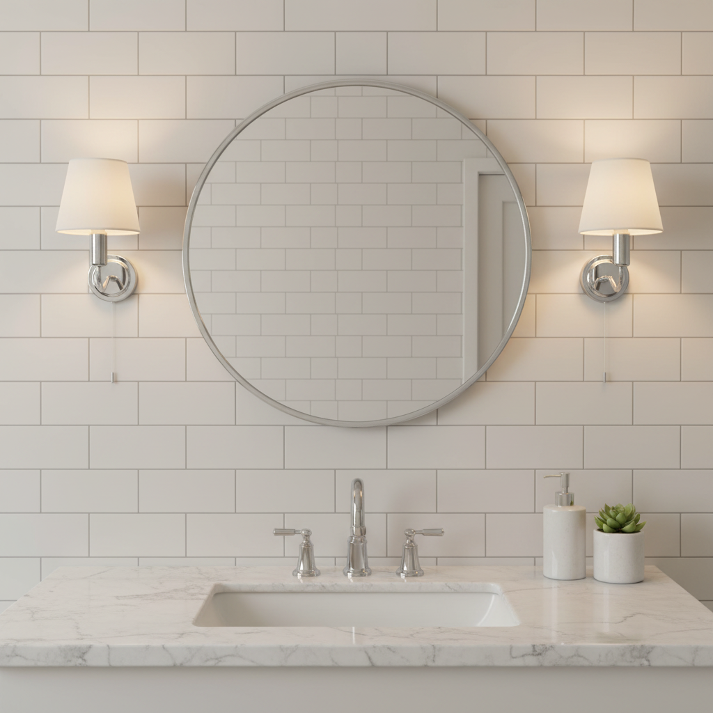 amos-lighting-Endon-Conway-Bathroom-Wall-Light-Chrome-White-Metro-Tiles-Round-Mirror