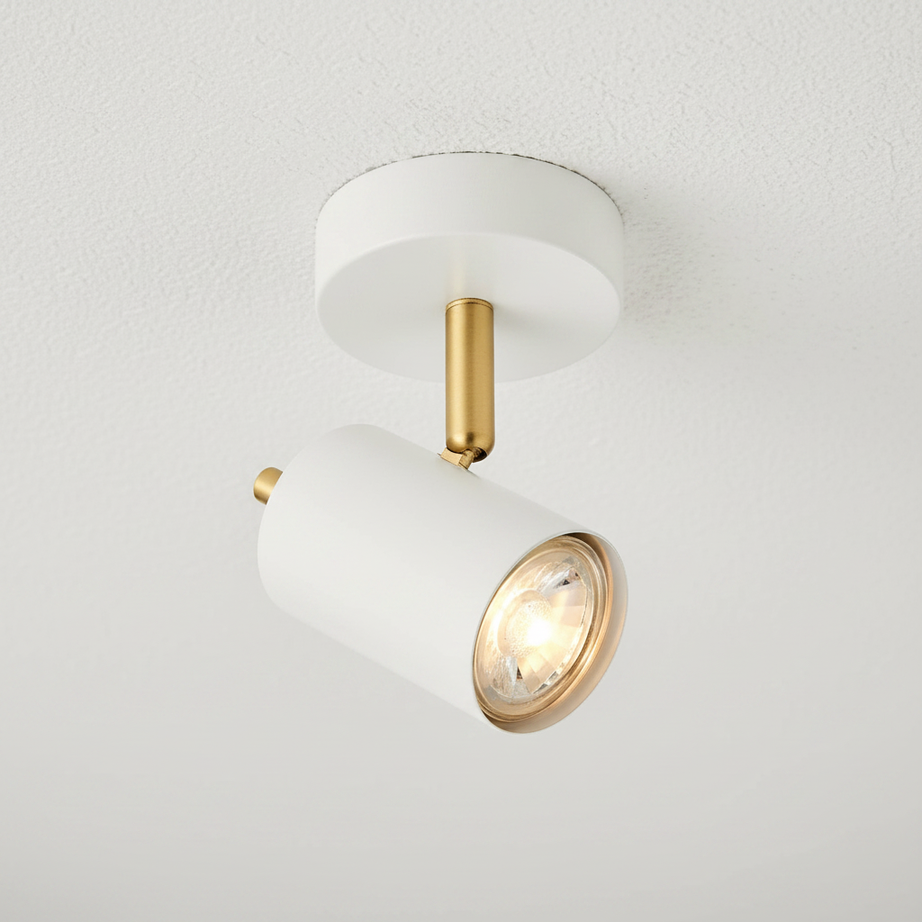 amos-lighting-Endon-Gull-Single-Spot-Matt-White-Satin-Brass-Closeup