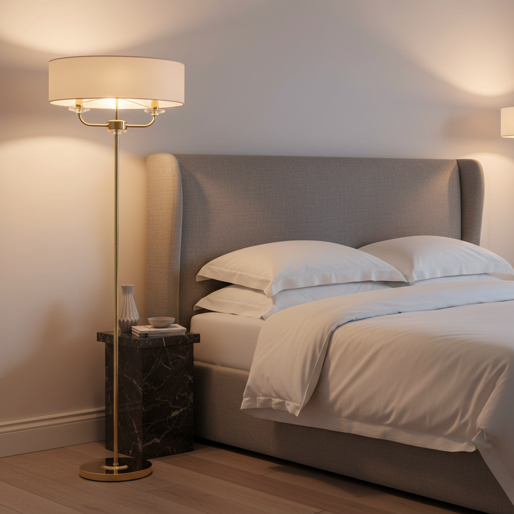 amos-lighting-Endon-Nixon-Floor-Lamp-Brass-Luxury-Bedroom-Grey-Linen-Headboard
