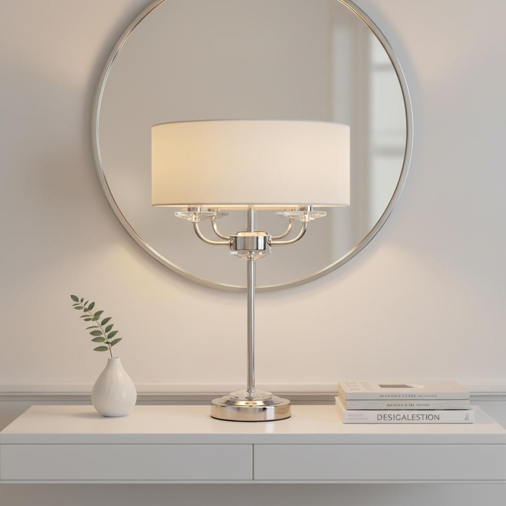 amos-lighting-Endon-Nixon-Table-Lamp-Bright-Nickel-White-Console-Round-Mirror-Contemporary-Hallway