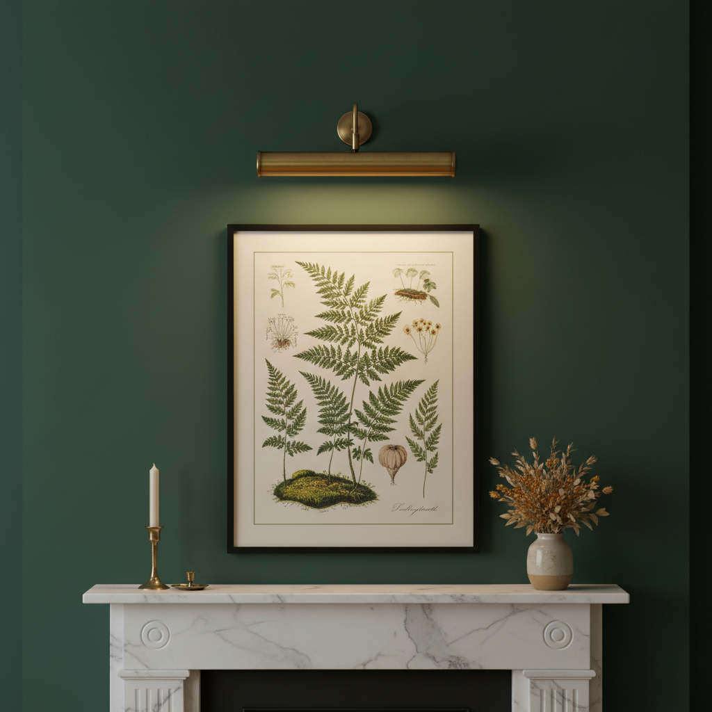 amos-lighting-Endon-Turner-Picture-Light-Antique-Brass-Forest-Green-Wall-Botanical-Fireplace
