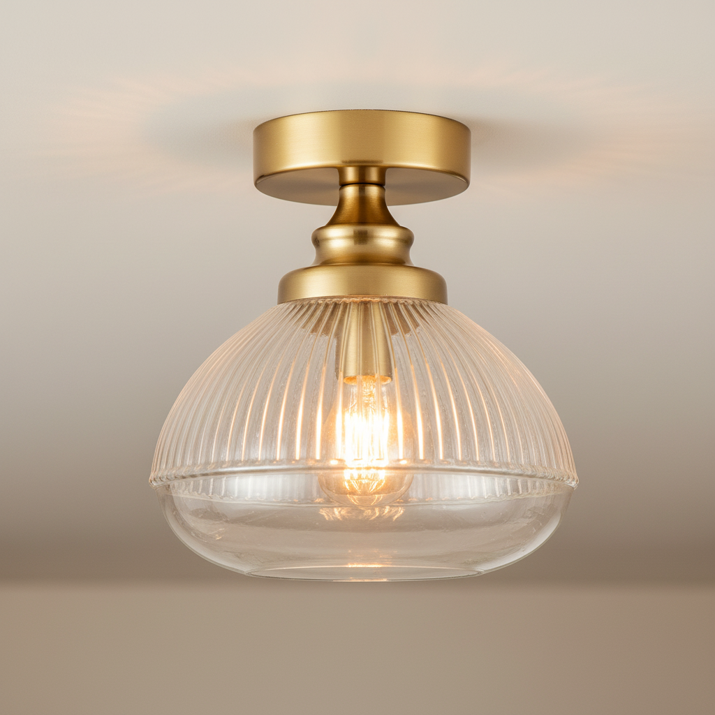 amos-lighting-Franklite-Acoste-Flush-Ceiling-Brushed-Brass-Ribbed-Glass-Closeup