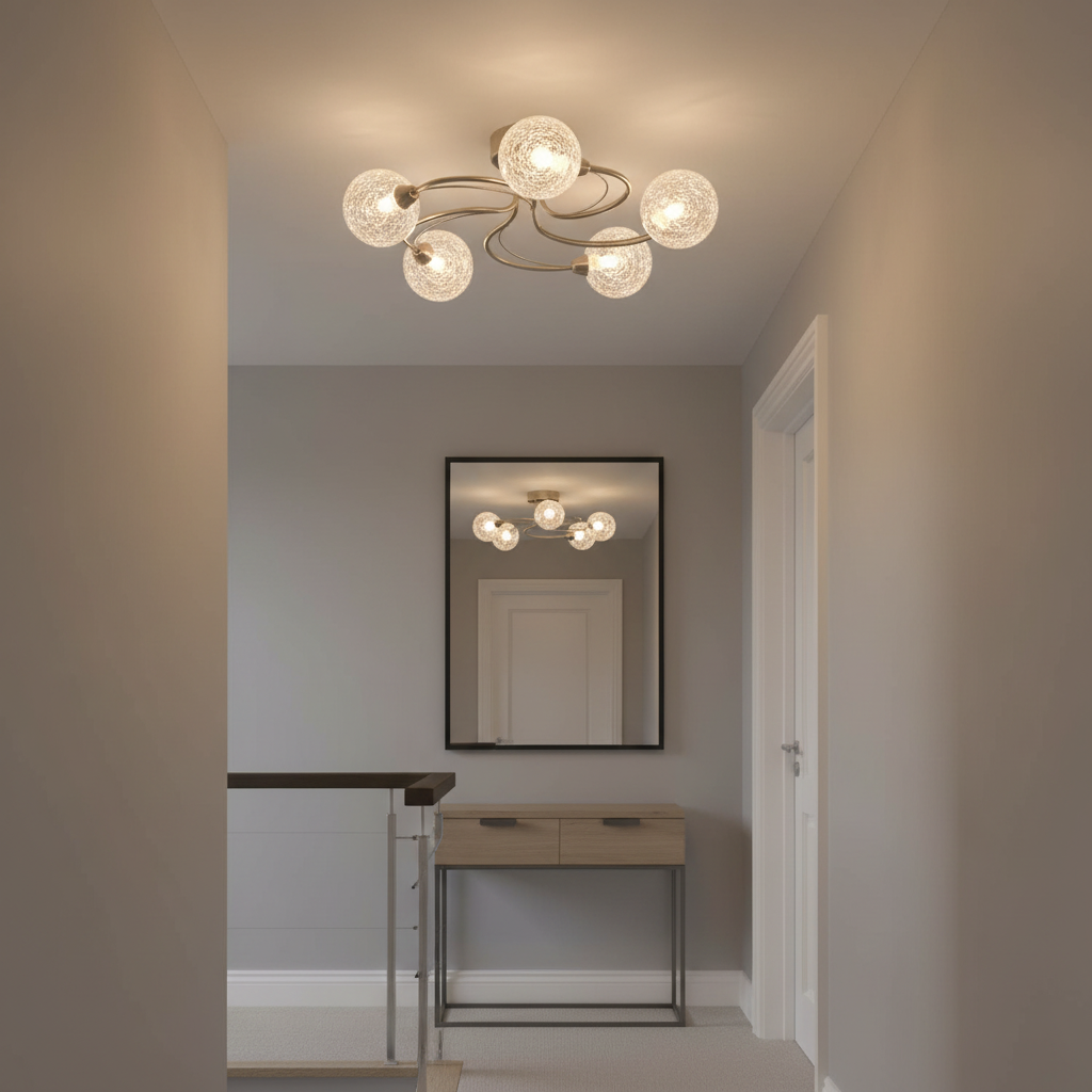 amos-lighting-Franklite-Gyro-5-Light-Flush-Satin-Nickel-Crackle-Globe-Hallway-Landing
