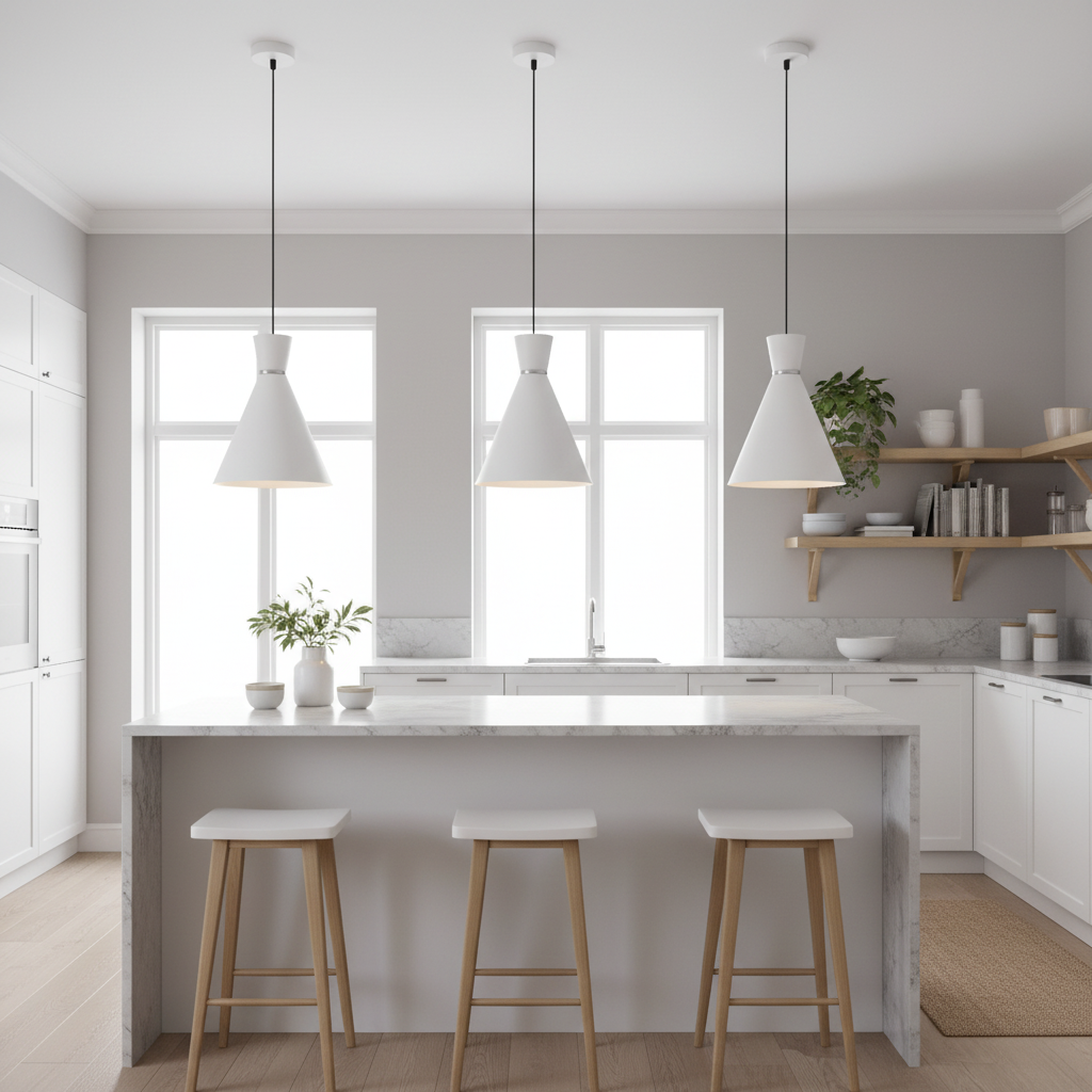amos-lighting-Franklite-Happy-Conical-Pendant-Satin-White-Chrome-Band-Kitchen-Island-Trio